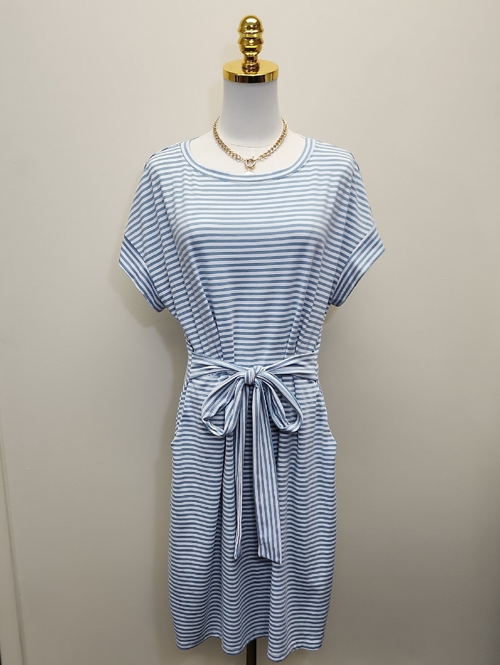 Merokeety Blue White Striped Tie Waist Midi Dress Size XL